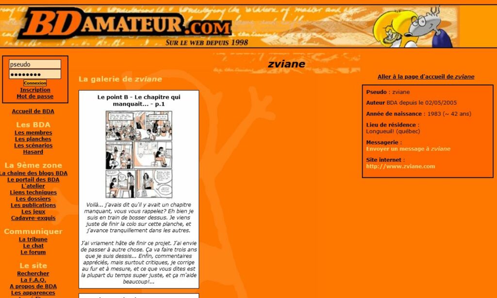 La page de Zviane sur BDamateur, on y voit son inscription en 2005 et des pages du Plan B.